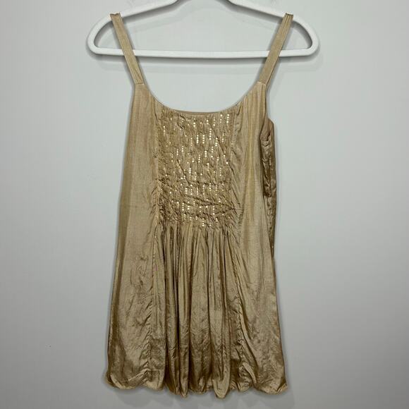 Eileen Fisher Tops - Eileen Fisher Gold Silk Pintuck Sequin Tank Top XS Spaghetti Straps Side Zip